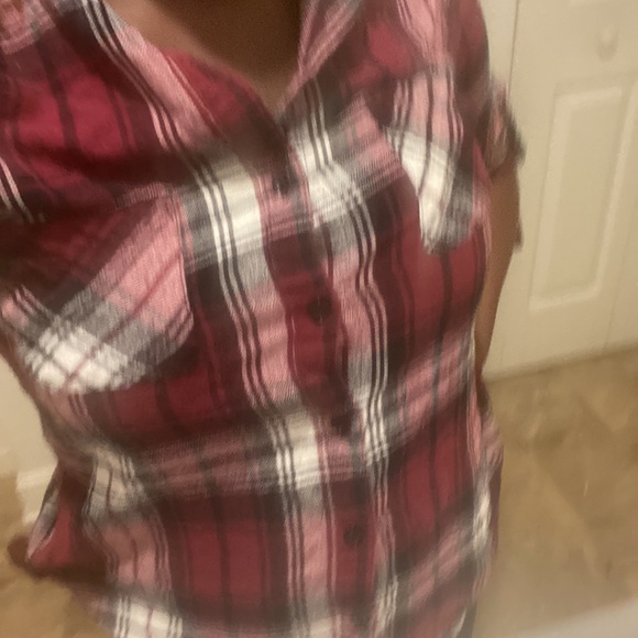This is a beautiful button down plaid shirt on the back it has black lace - Picture 2 of 4